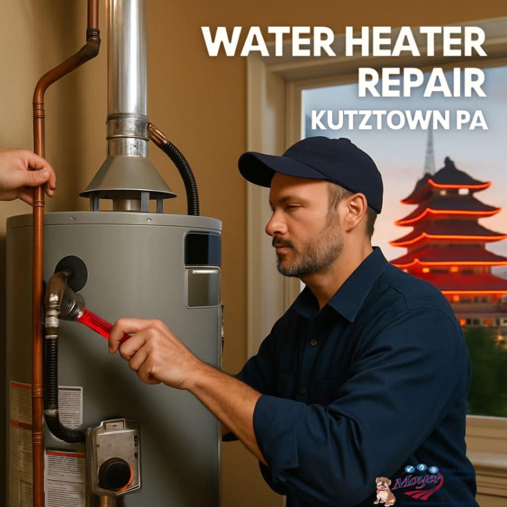 A professional technician performing water heater repair in Kutztown, PA by flushing a tankless unit, with a historic Berks County covered bridge visible through the window.